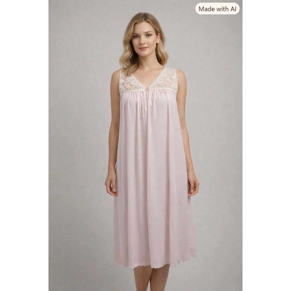 Shadowline Women’s Pink Long Nightgown Slip Dress M Lace Trim Floral Croquette